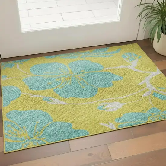 Yellow And Aqua Floral Washable Area Rug With UV Protection Photo 2
