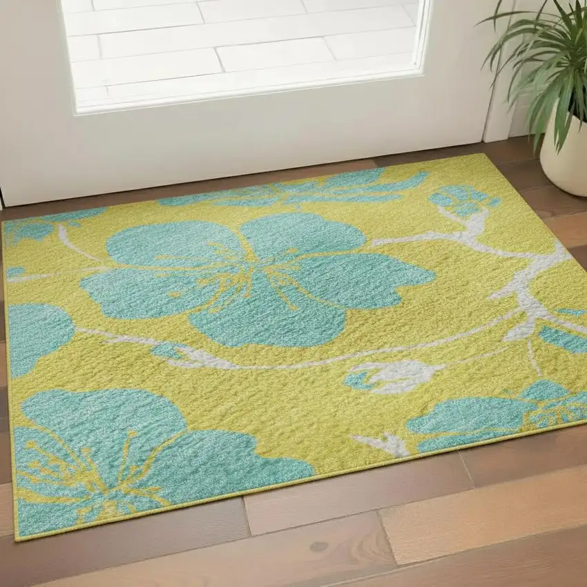 Yellow And Aqua Floral Washable Area Rug With UV Protection Photo 2