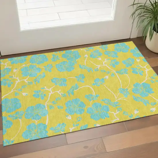 Yellow And Aqua Floral Washable Area Rug With UV Protection Photo 1