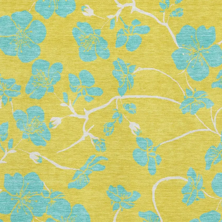 Yellow And Aqua Floral Washable Area Rug With UV Protection Photo 3