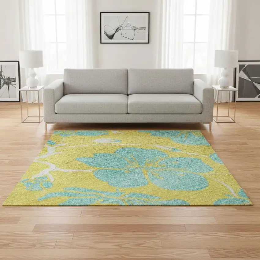 Yellow And Aqua Floral Washable Area Rug With UV Protection Photo 2