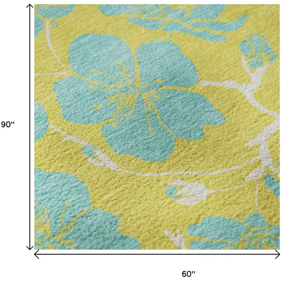 Yellow And Aqua Floral Washable Area Rug With UV Protection Photo 9