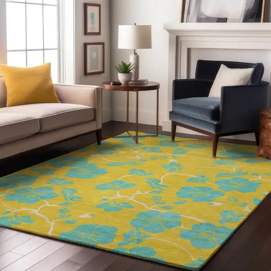 Yellow And Aqua Floral Washable Area Rug With UV Protection Photo 3