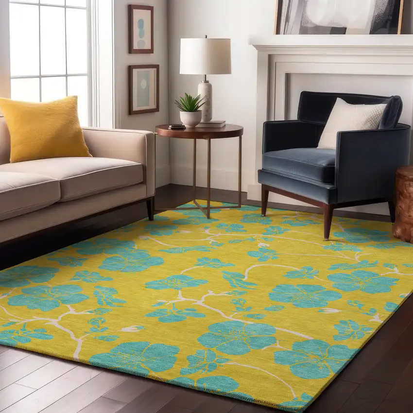 Yellow And Aqua Floral Washable Area Rug With UV Protection Photo 3