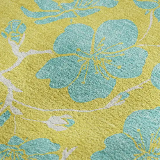 Yellow And Aqua Floral Washable Area Rug With UV Protection Photo 2