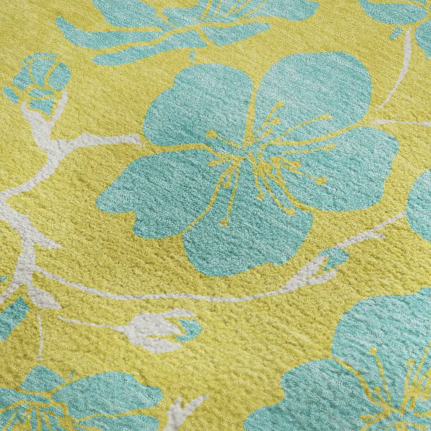 Yellow And Aqua Floral Washable Area Rug With UV Protection Photo 2