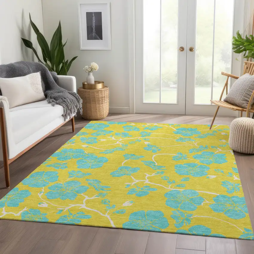 Yellow And Aqua Floral Washable Area Rug With UV Protection Photo 4