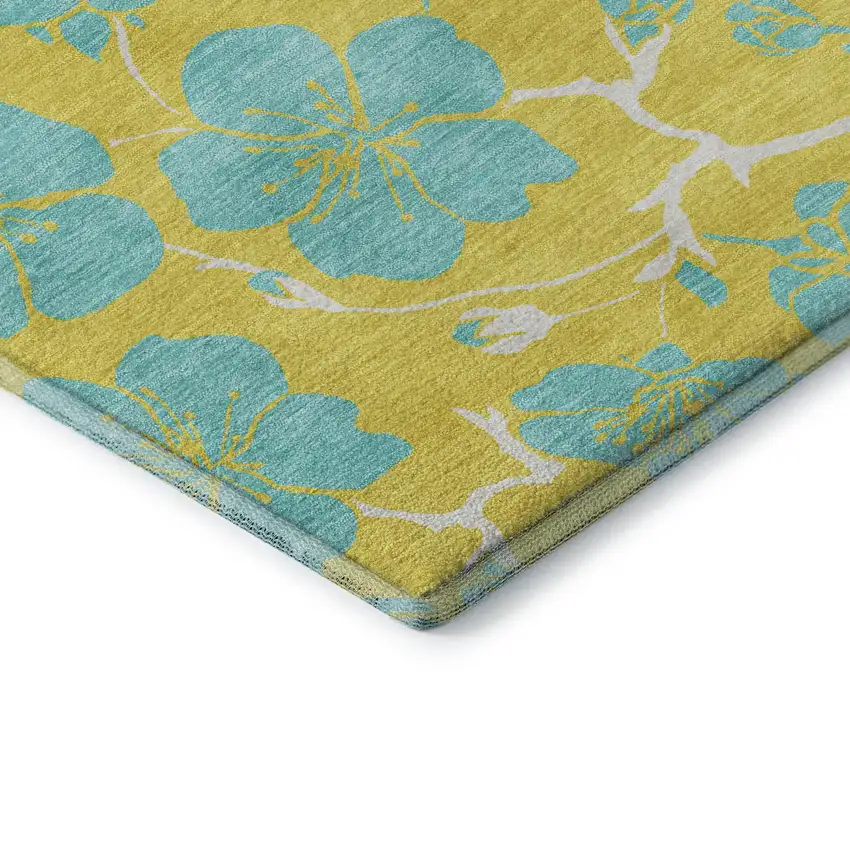 Yellow And Aqua Floral Washable Area Rug With UV Protection Photo 7