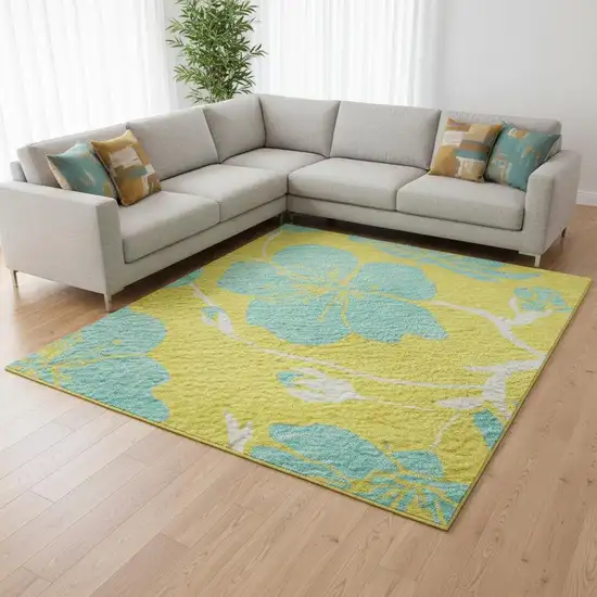 Yellow And Aqua Floral Washable Area Rug With UV Protection Photo 2