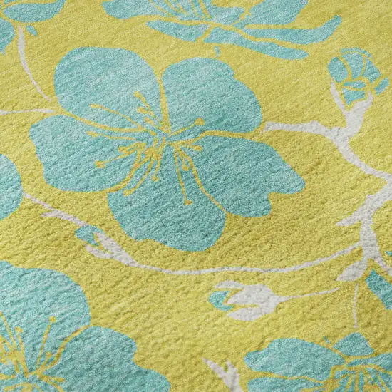 Yellow And Aqua Floral Washable Area Rug With UV Protection Photo 1