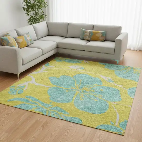 Yellow And Aqua Floral Washable Area Rug With UV Protection Photo 2