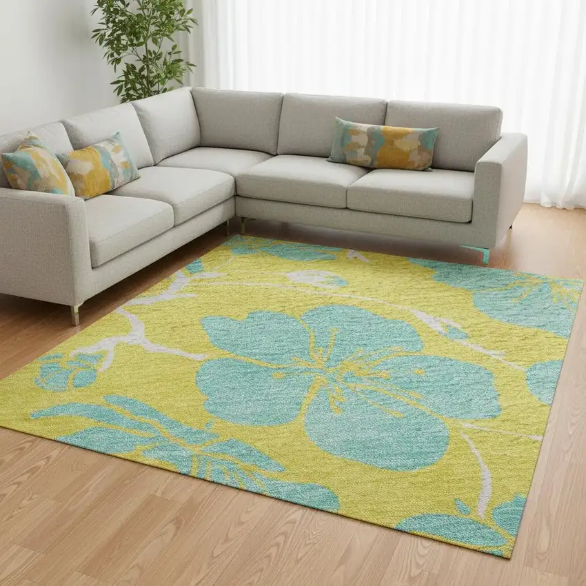 Yellow And Aqua Floral Washable Area Rug With UV Protection Photo 2