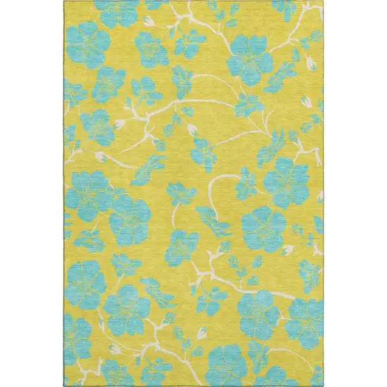 Yellow And Aqua Floral Washable Area Rug With UV Protection Photo 6
