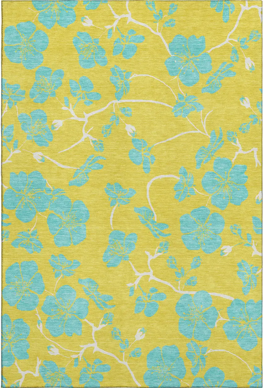 Yellow And Aqua Floral Washable Area Rug With UV Protection Photo 6