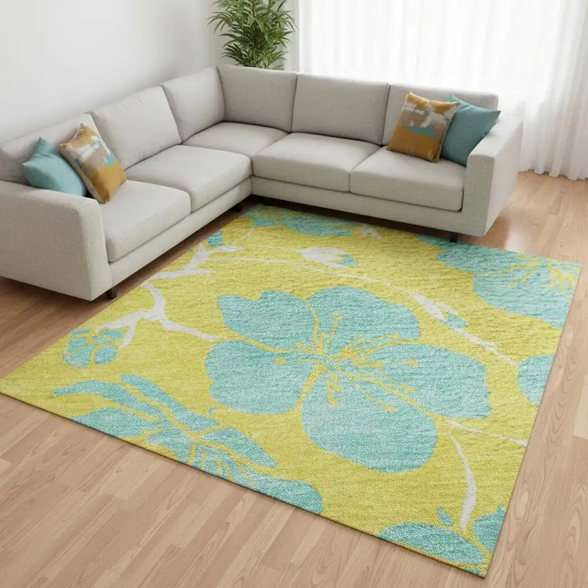 Yellow And Aqua Floral Washable Area Rug With UV Protection Photo 2