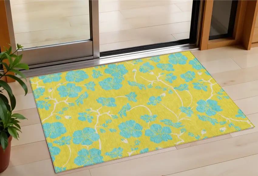 Yellow And Aqua Floral Washable Indoor Outdoor Area Rug Photo 1