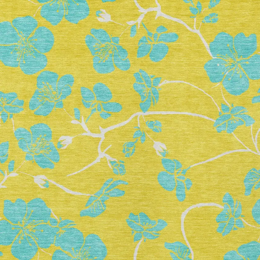 Yellow And Aqua Floral Washable Indoor Outdoor Area Rug Photo 7