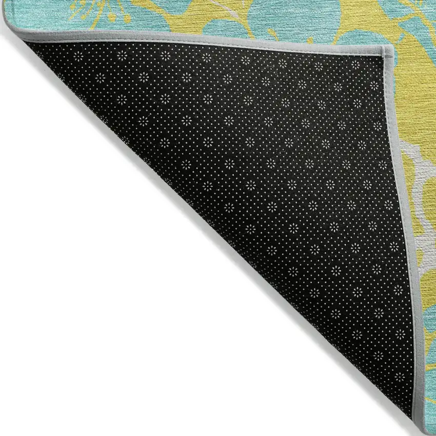 Yellow And Aqua Floral Washable Indoor Outdoor Area Rug Photo 4