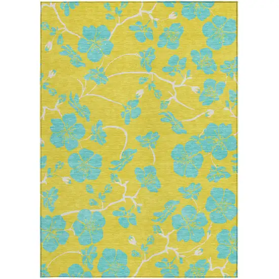 Yellow And Aqua Floral Washable Indoor Outdoor Area Rug Photo 8