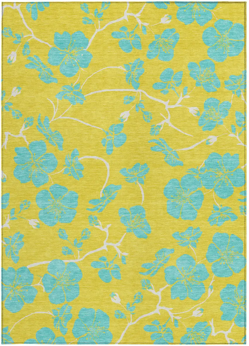 Yellow And Aqua Floral Washable Indoor Outdoor Area Rug Photo 8