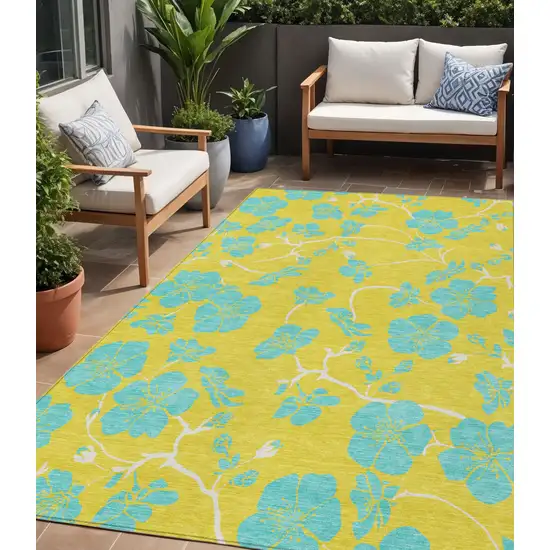Yellow And Aqua Floral Washable Indoor Outdoor Area Rug Photo 1