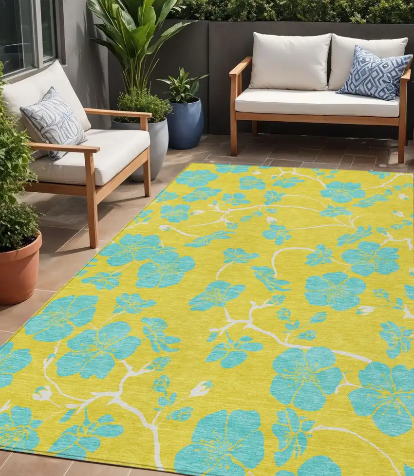 Yellow And Aqua Floral Washable Indoor Outdoor Area Rug Photo 1