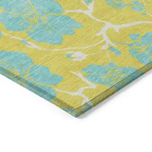 Photo of Yellow And Aqua Floral Washable Indoor Outdoor Area Rug