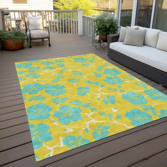 Yellow And Aqua Floral Washable Indoor Outdoor Area Rug Photo 8