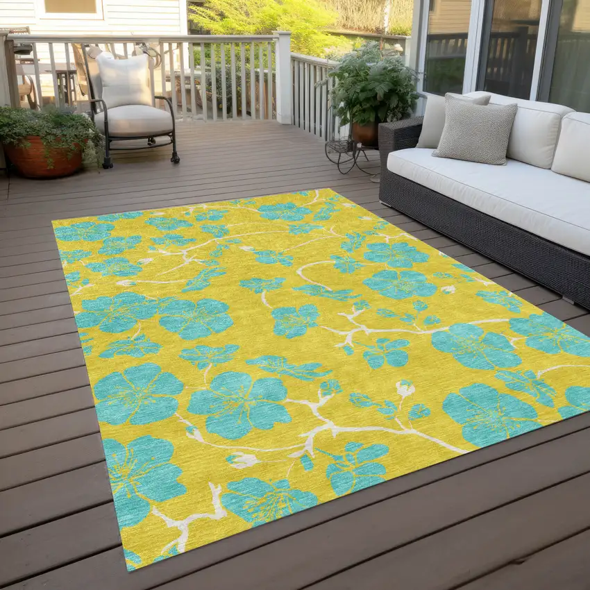 Yellow And Aqua Floral Washable Indoor Outdoor Area Rug Photo 8