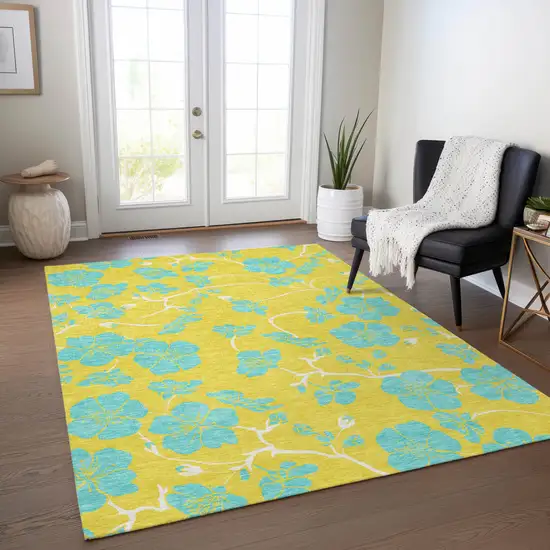 Yellow And Aqua Floral Washable Indoor Outdoor Area Rug Photo 9