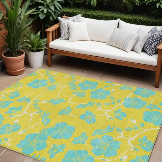 Yellow And Aqua Floral Washable Indoor Outdoor Area Rug Photo 1