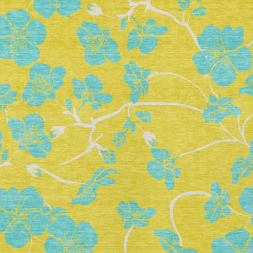 Yellow And Aqua Floral Washable Indoor Outdoor Area Rug Photo 5