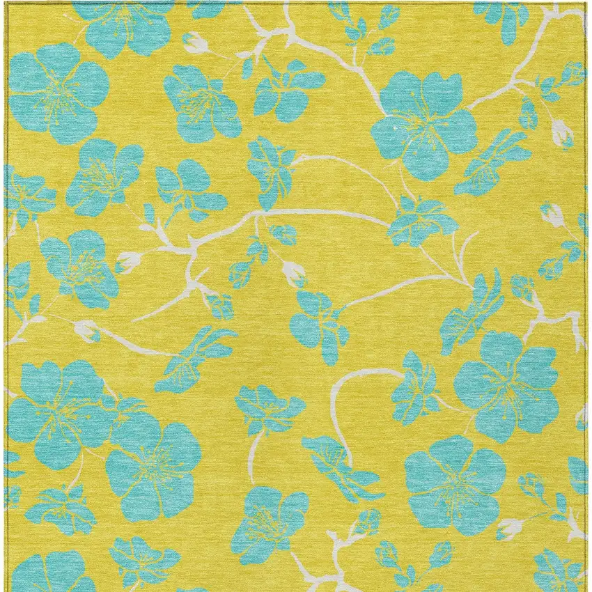 Yellow And Aqua Floral Washable Indoor Outdoor Area Rug Photo 8