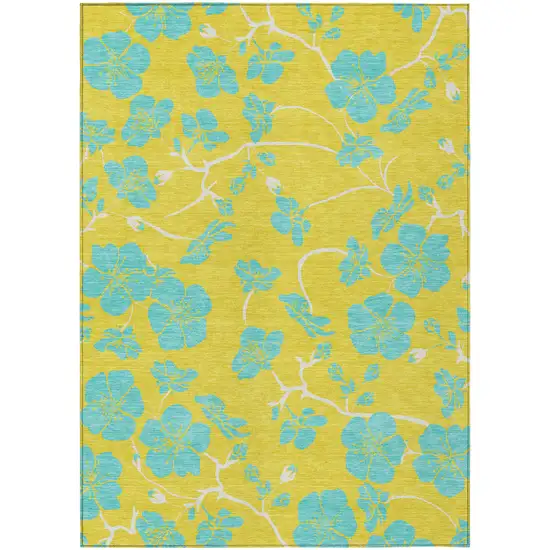 Yellow And Aqua Floral Washable Indoor Outdoor Area Rug Photo 2