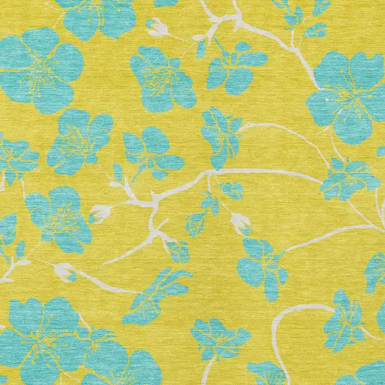 Yellow And Aqua Floral Washable Indoor Outdoor Area Rug Photo 7