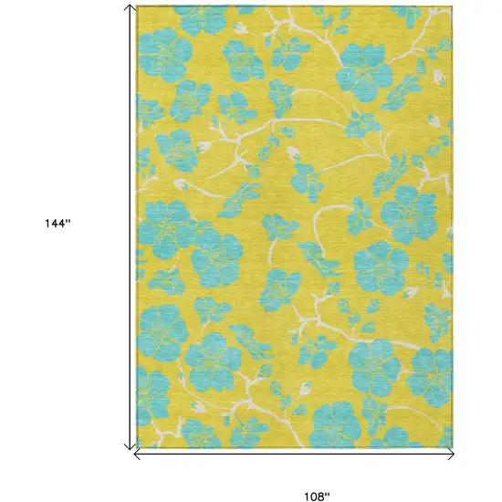 Yellow And Aqua Floral Washable Indoor Outdoor Area Rug Photo 3