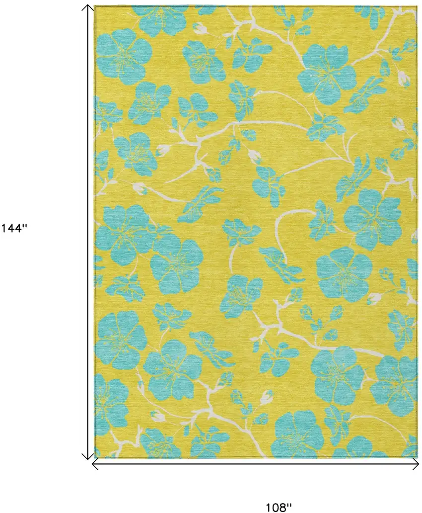 Yellow And Aqua Floral Washable Indoor Outdoor Area Rug Photo 3