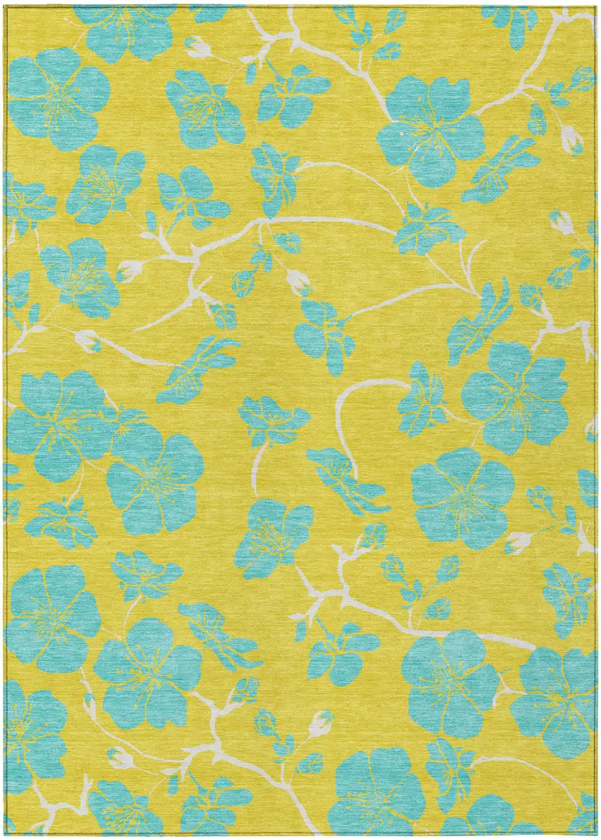 Yellow And Aqua Floral Washable Indoor Outdoor Area Rug Photo 2