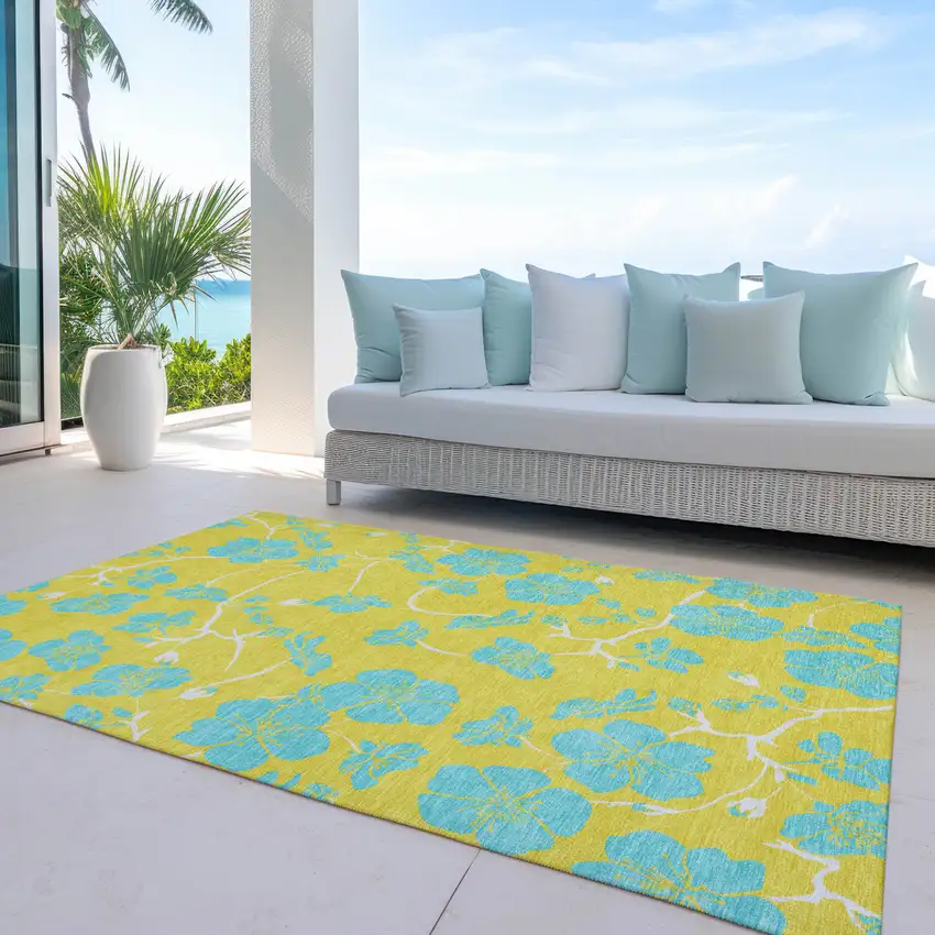 Yellow And Aqua Floral Washable Indoor Outdoor Area Rug Photo 9