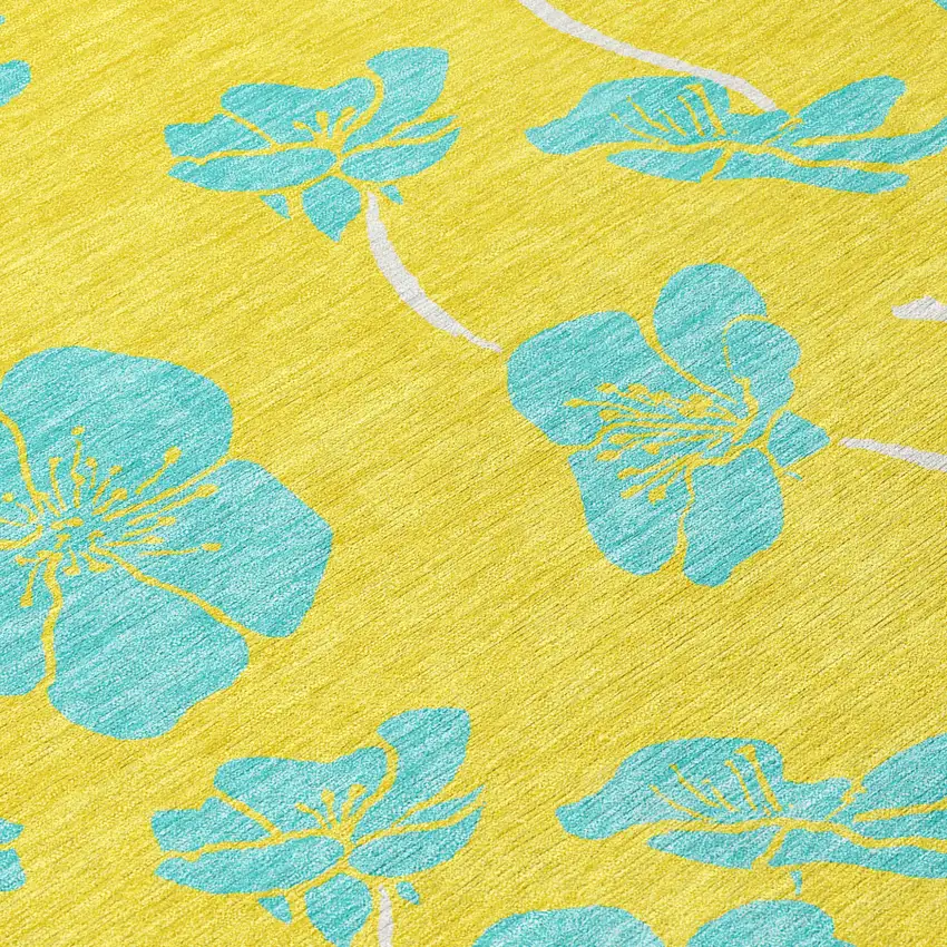Yellow And Aqua Floral Washable Indoor Outdoor Area Rug Photo 6