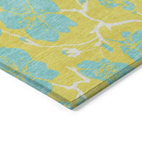 Yellow And Aqua Floral Washable Indoor Outdoor Area Rug Photo 5