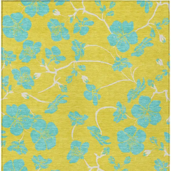 Yellow And Aqua Floral Washable Indoor Outdoor Area Rug Photo 8