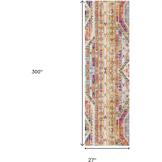 Yellow And Beige Abstract Runner Rug Photo 3