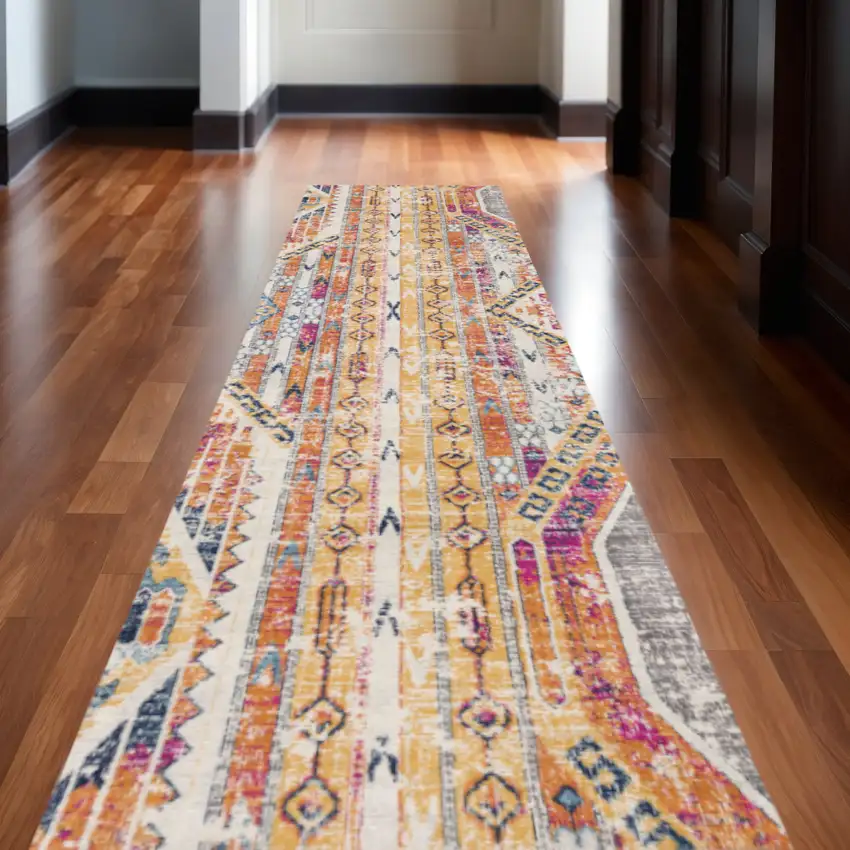 Yellow And Beige Abstract Runner Rug Photo 1