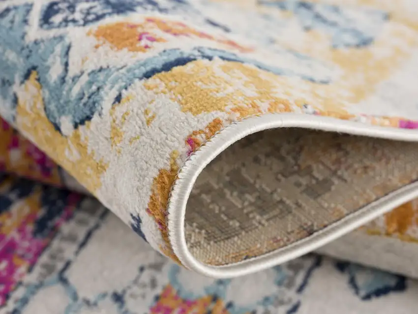 Yellow And Beige Abstract Runner Rug Photo 6