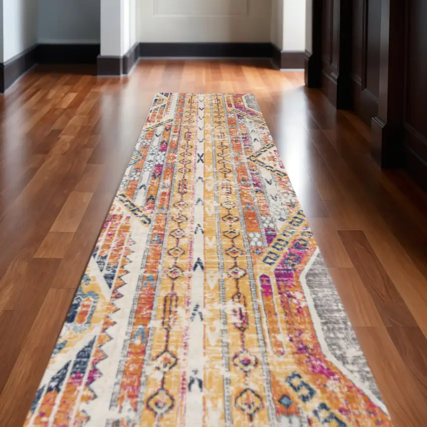 Yellow And Beige Abstract Runner Rug Photo 1