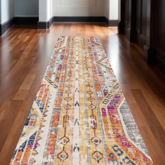 Yellow And Beige Abstract Runner Rug Photo 1