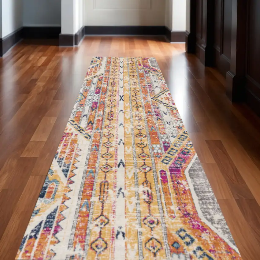 Yellow And Beige Abstract Runner Rug Photo 1