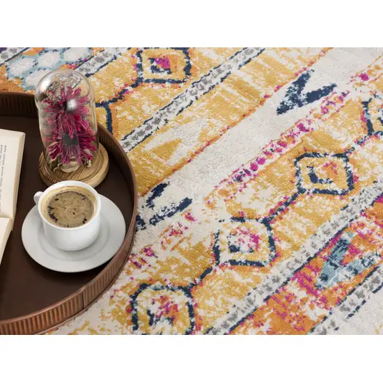 Yellow And Beige Abstract Runner Rug Photo 4