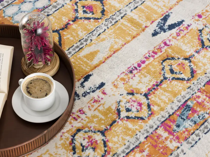 Yellow And Beige Abstract Runner Rug Photo 4